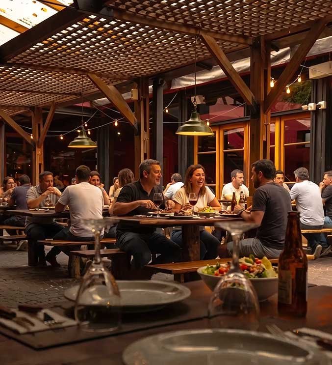 Salón de La Escondida con mesas bajo una pérgola y comensales
